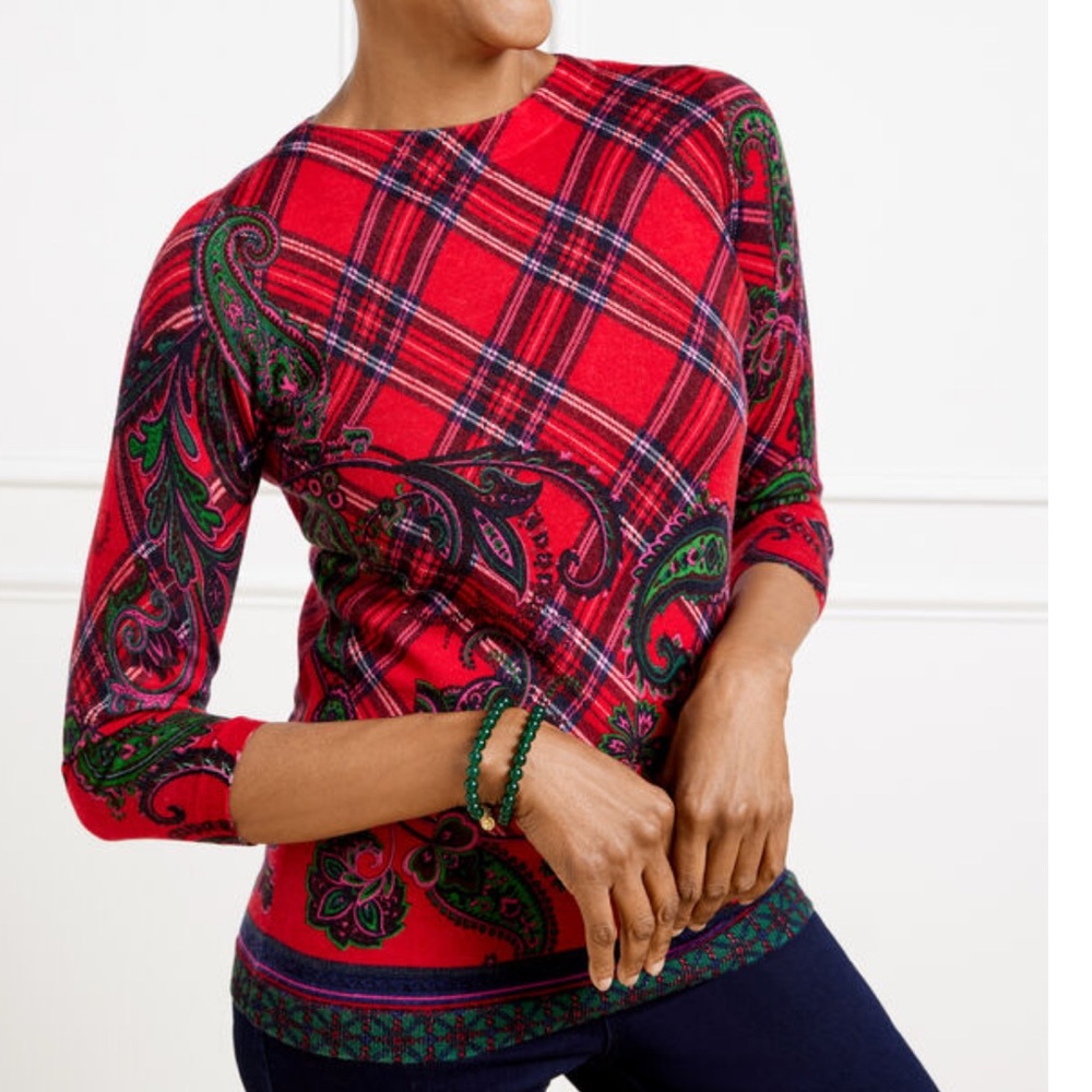 Talbots 100% Merino Wool Soft Stunning Tartan Plaid & Paisley Sweater Size Small